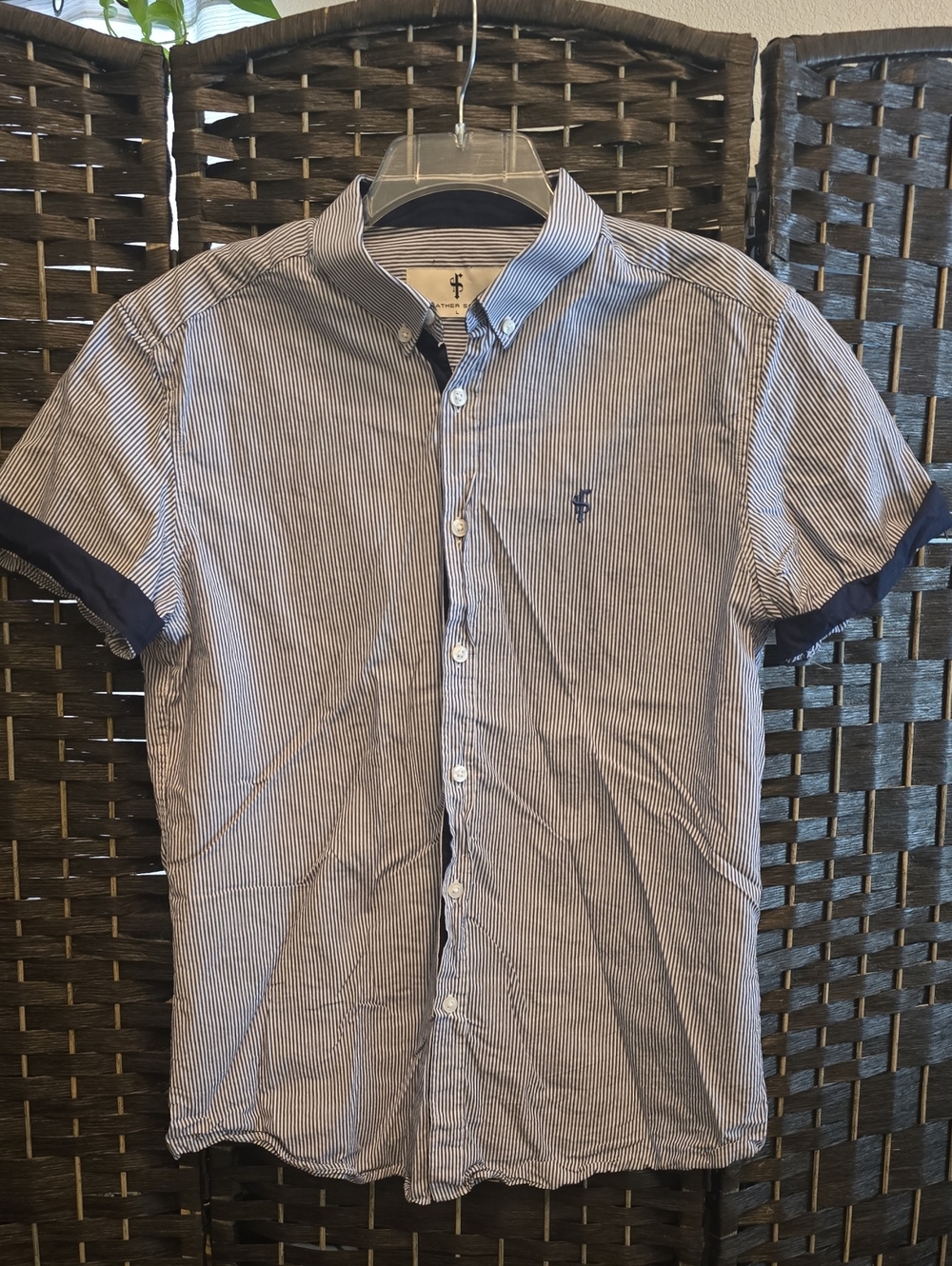 Father & Sons Men's Slim Short Sleeve Button-Down Shirt - Blue Striped, Large